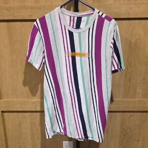 (J42) Striped Short Sleeve Tee - Purple, Green, White Womans Sz L